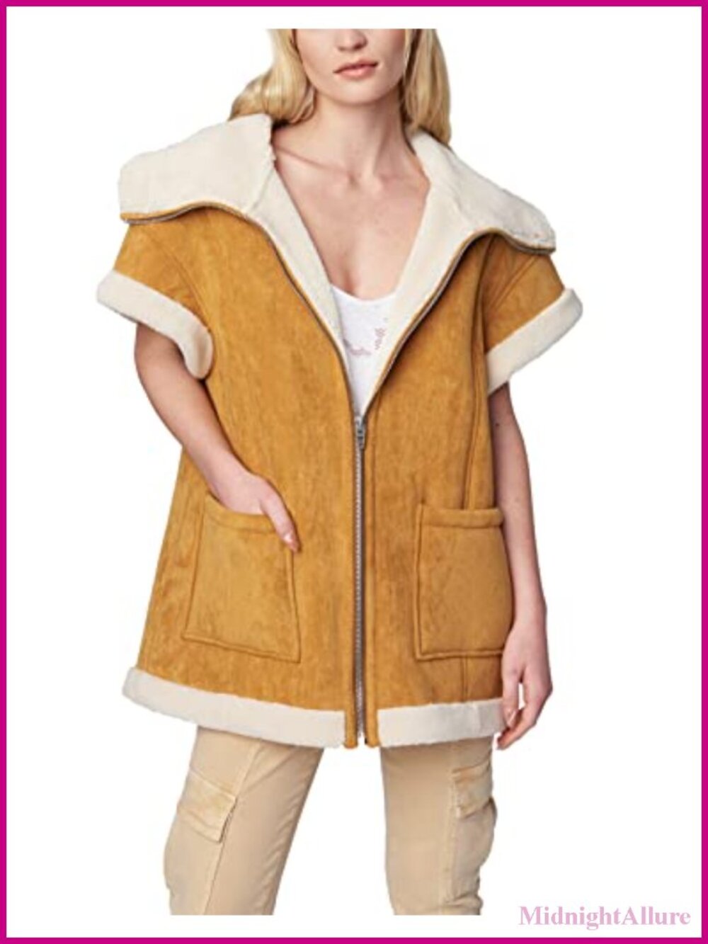 Bonded Faux Suede Sherpa Vest Short Sleeve Relaxed Fit Collarless